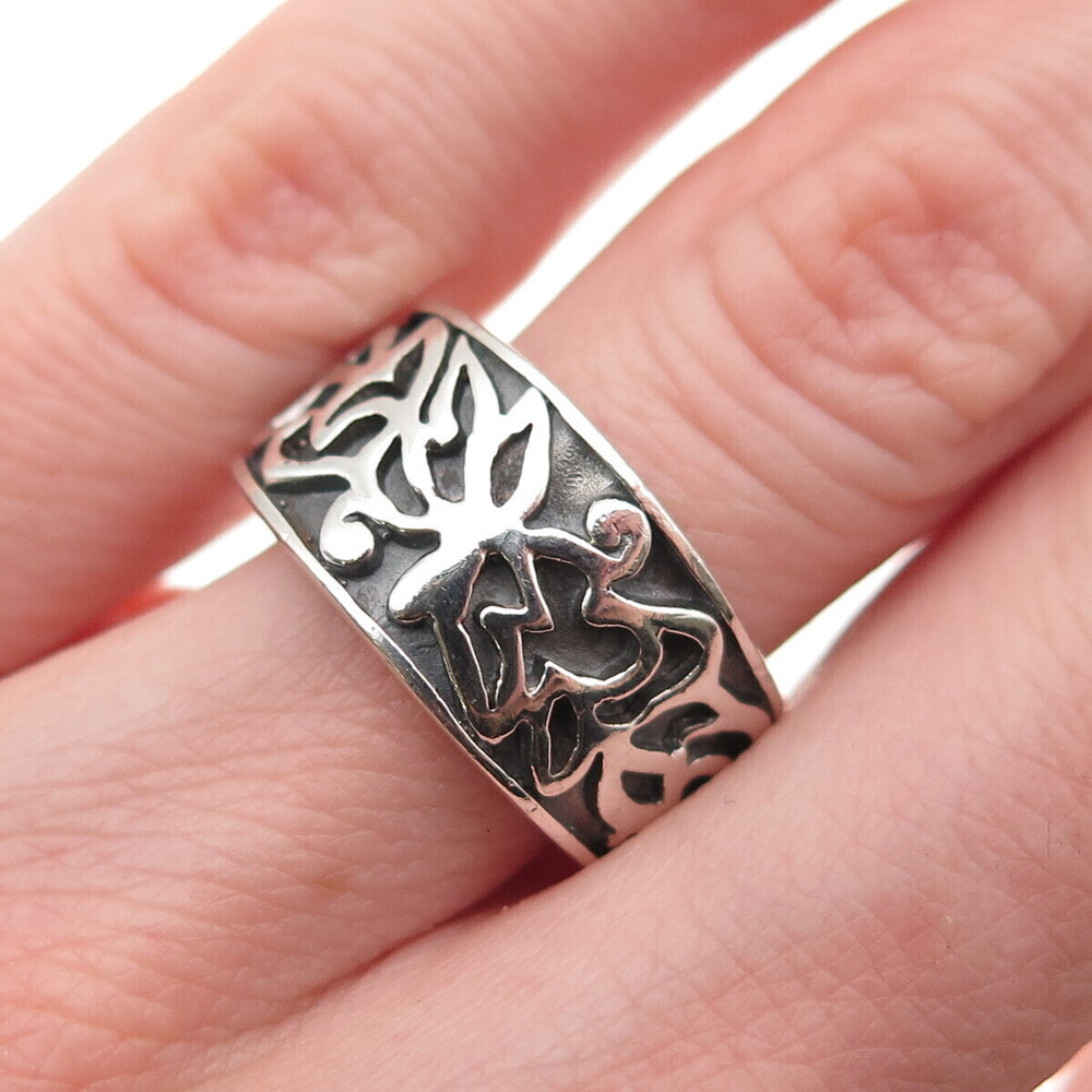 925 Sterling Silver Vintage Modernist Floral Oxidized Ring Size 6.5